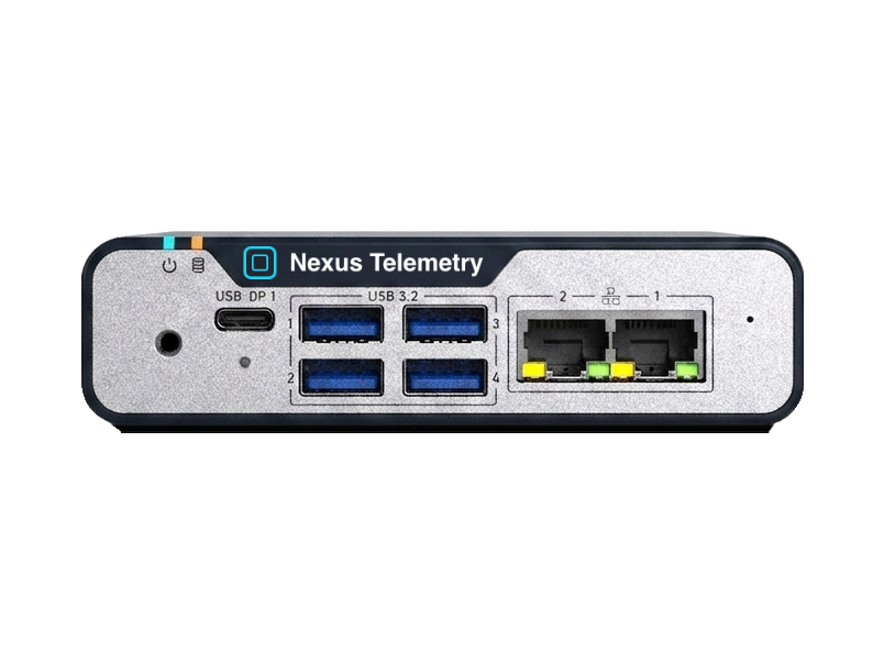 Nexus Telemetry fleet collector appliance, a compact, fanless industrial edge gateway with dual Ethernet and USB ports