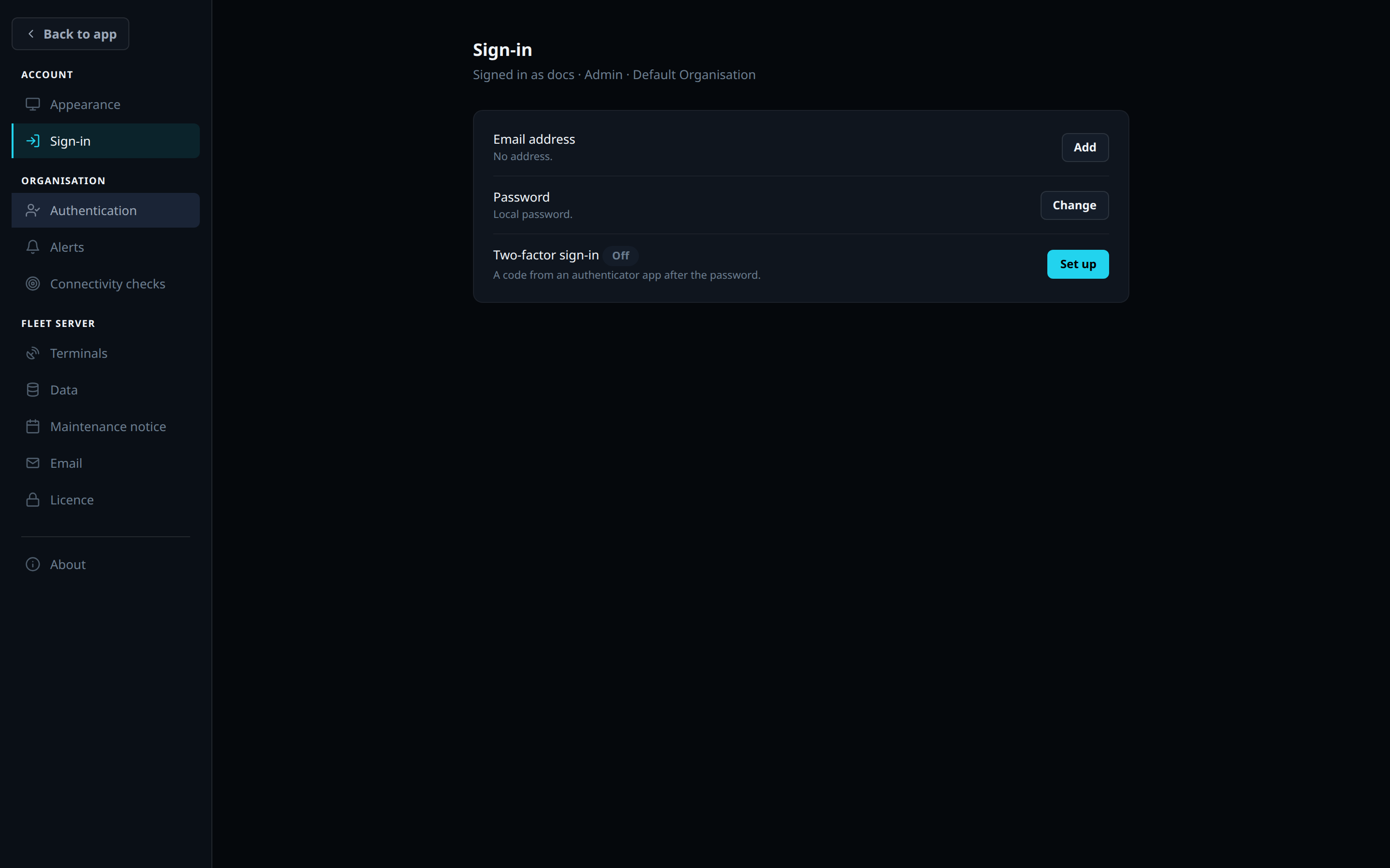 The account page under Sign-in, with the email address, password and two-factor rows