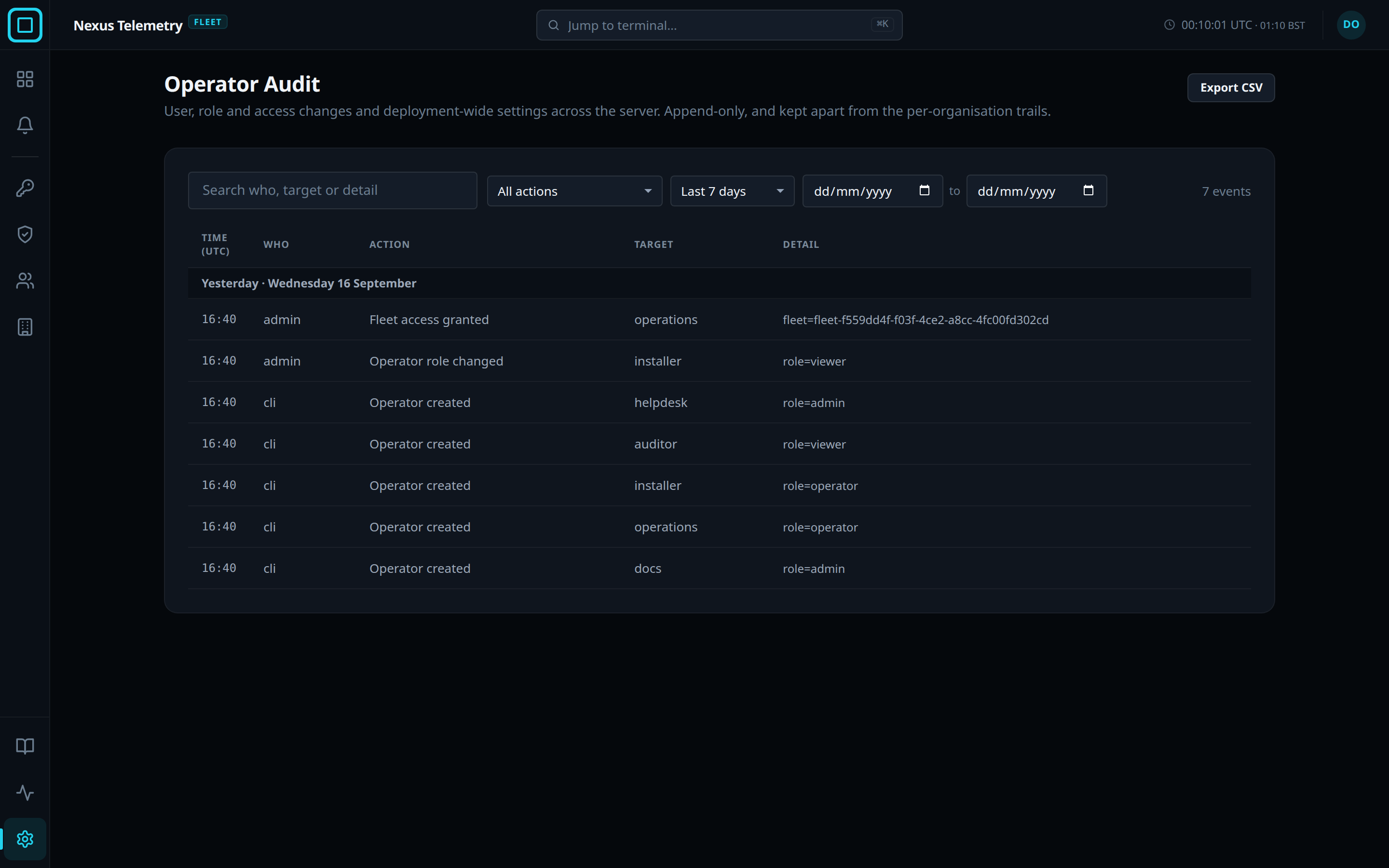 The audit trail with its filters and day bands