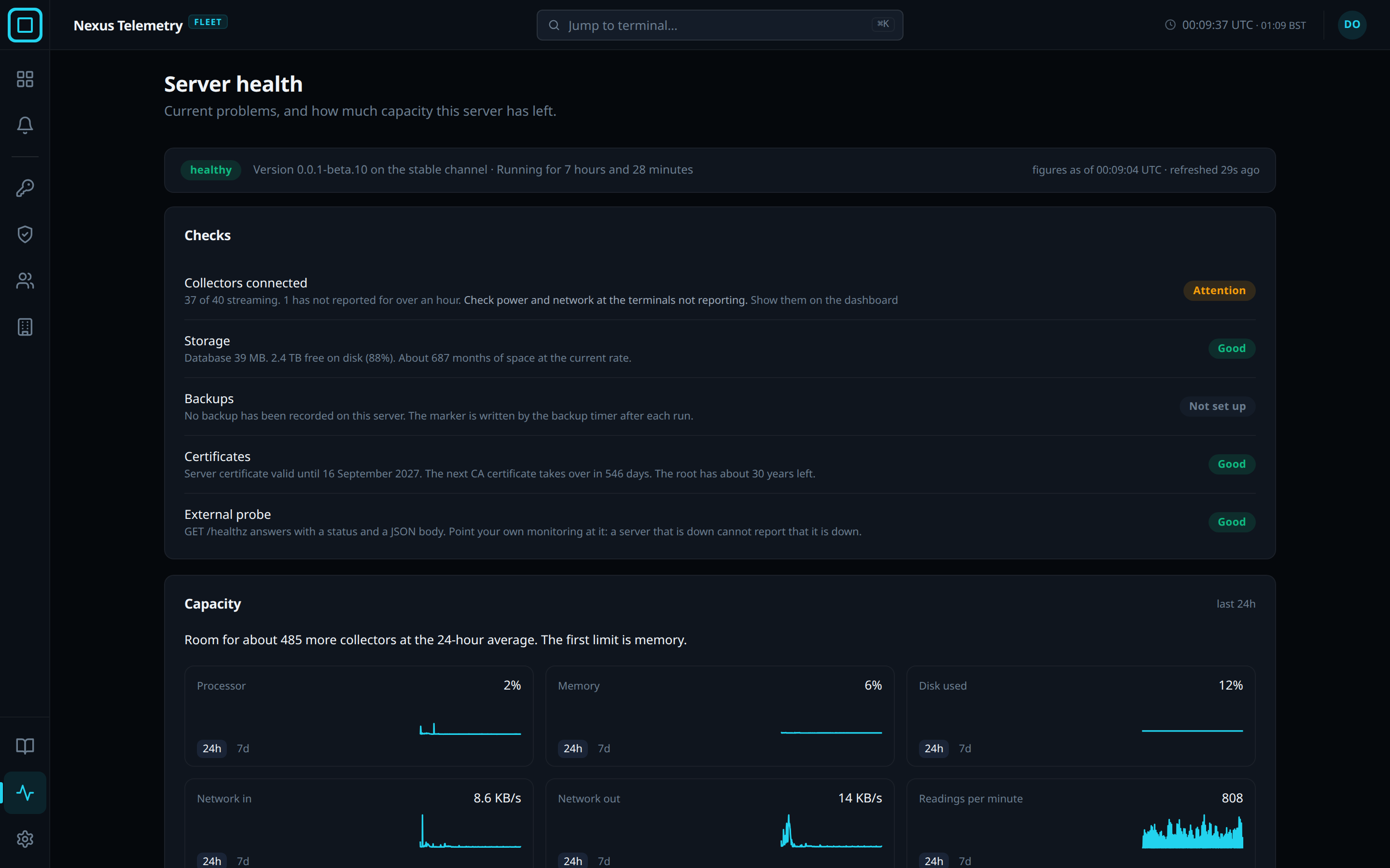 The server health page with its checks and capacity figures