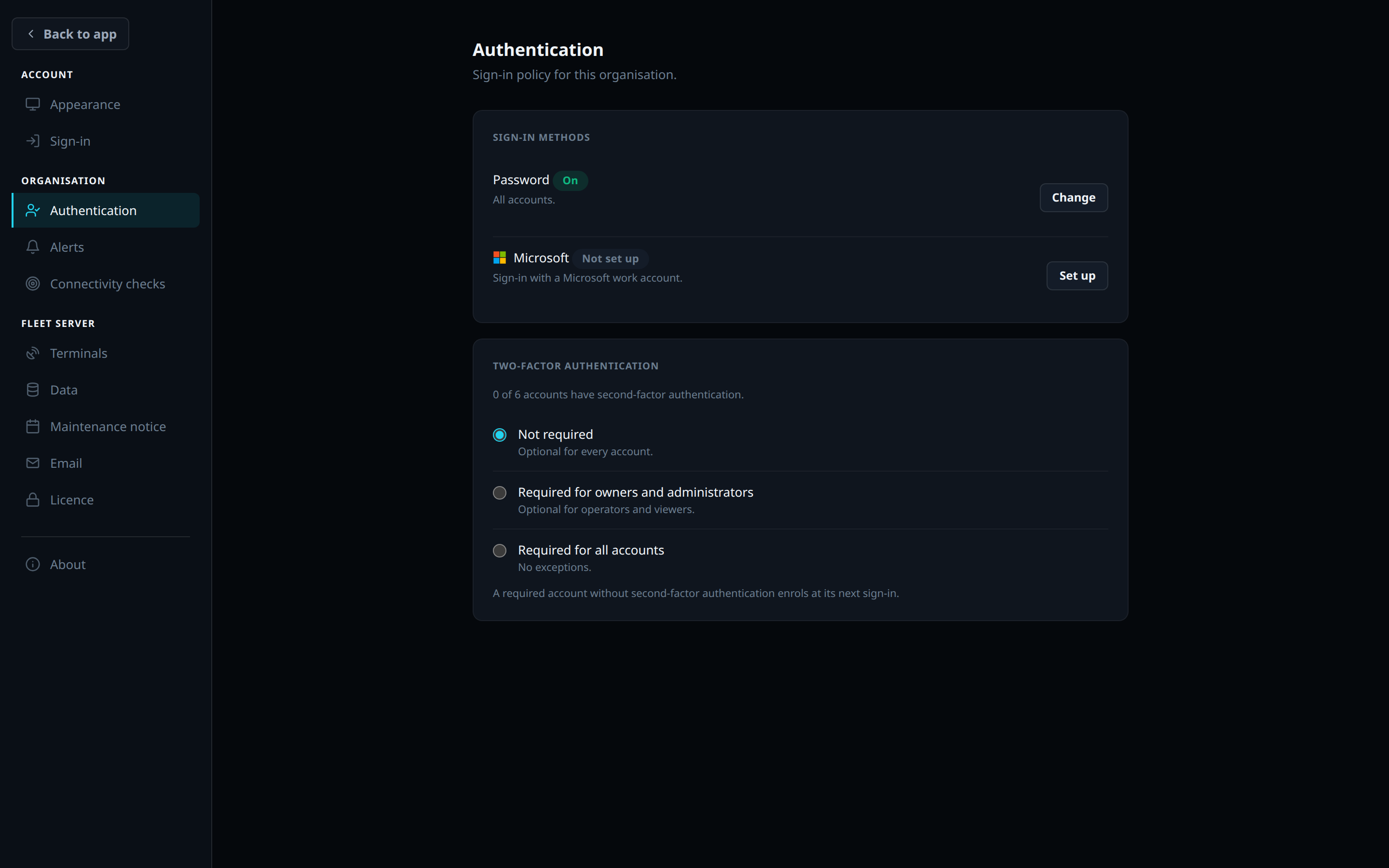 The Authentication section of Settings, with the sign-in methods and the two-factor policy