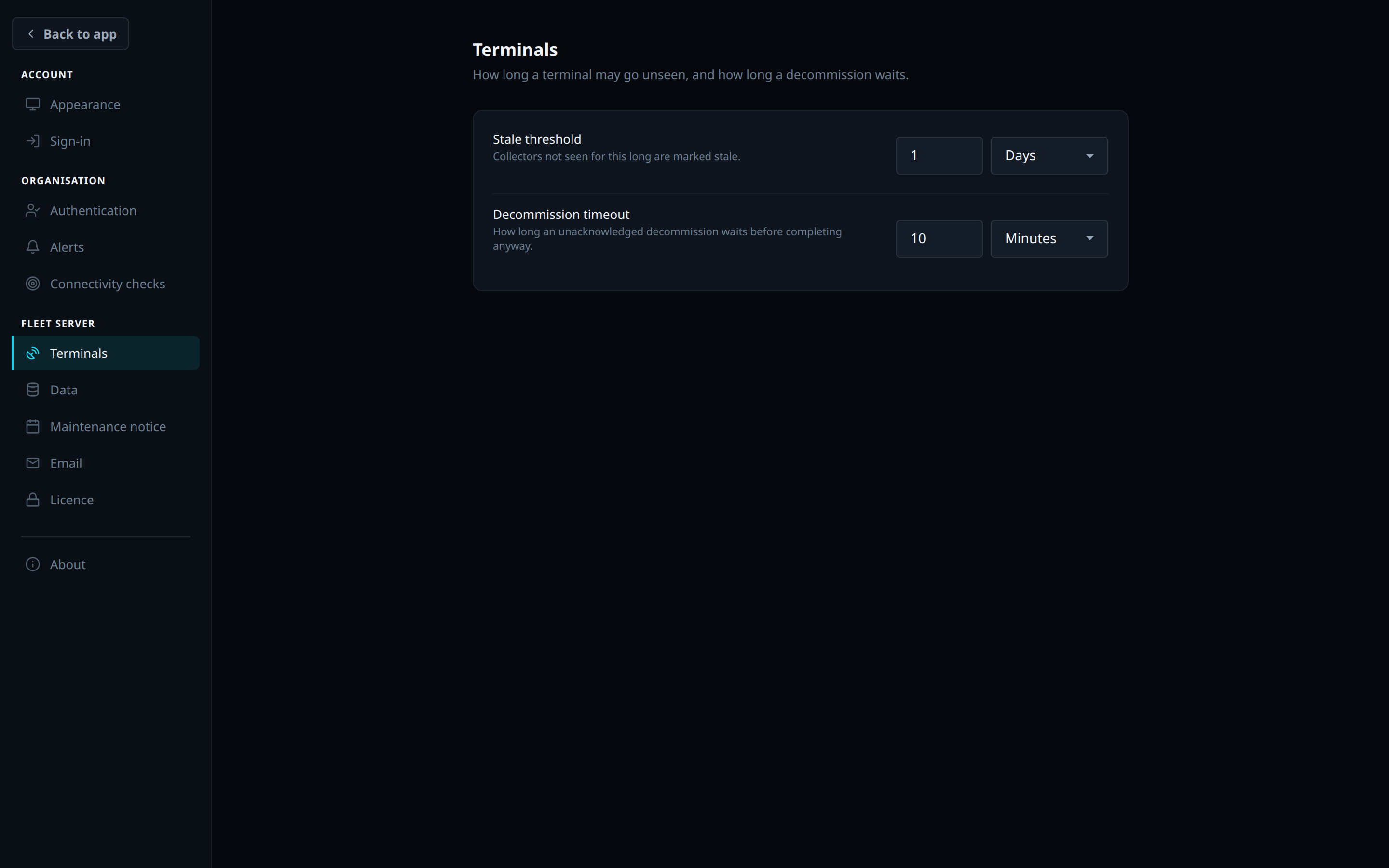 The Settings page with its section list and the Terminals section open