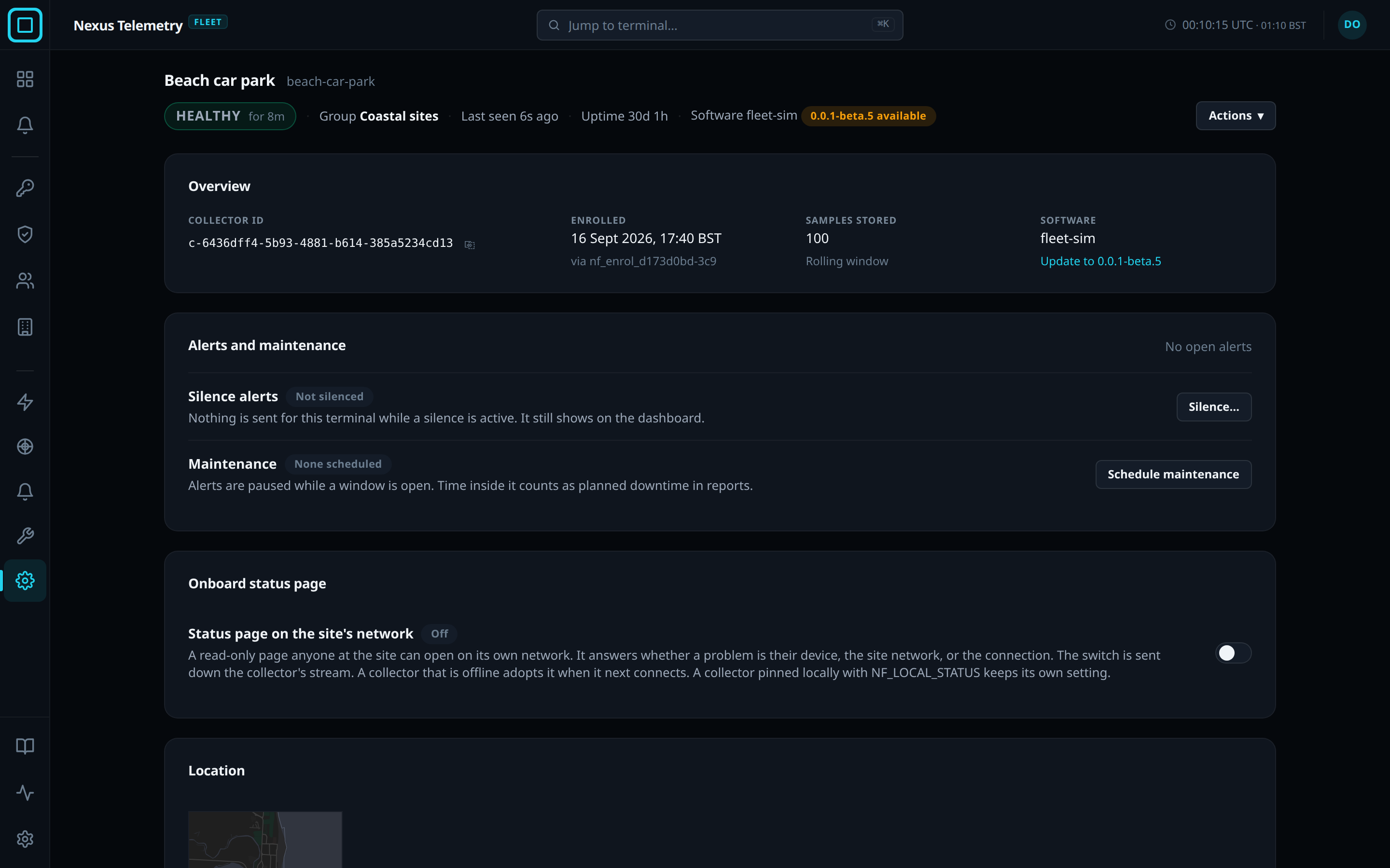 The settings view of a terminal, with the Actions button