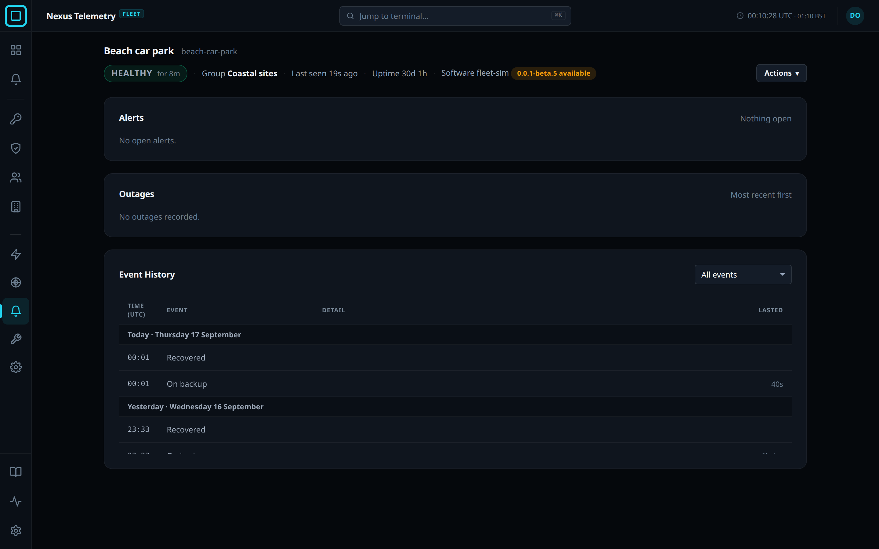 The Alerts view of a terminal: open alerts, outages and the event history