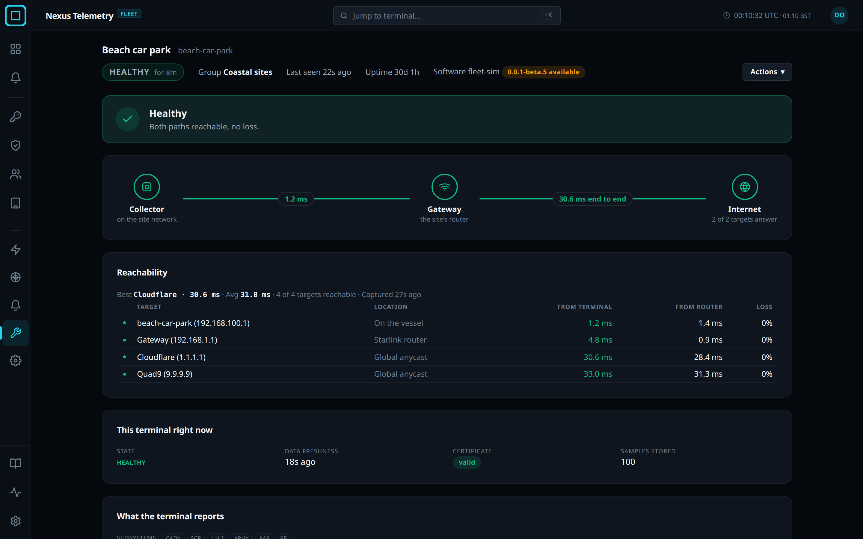 The Diagnostics view of a terminal: the summary line, the 3 reachability stages from collector to internet, and the reachability table