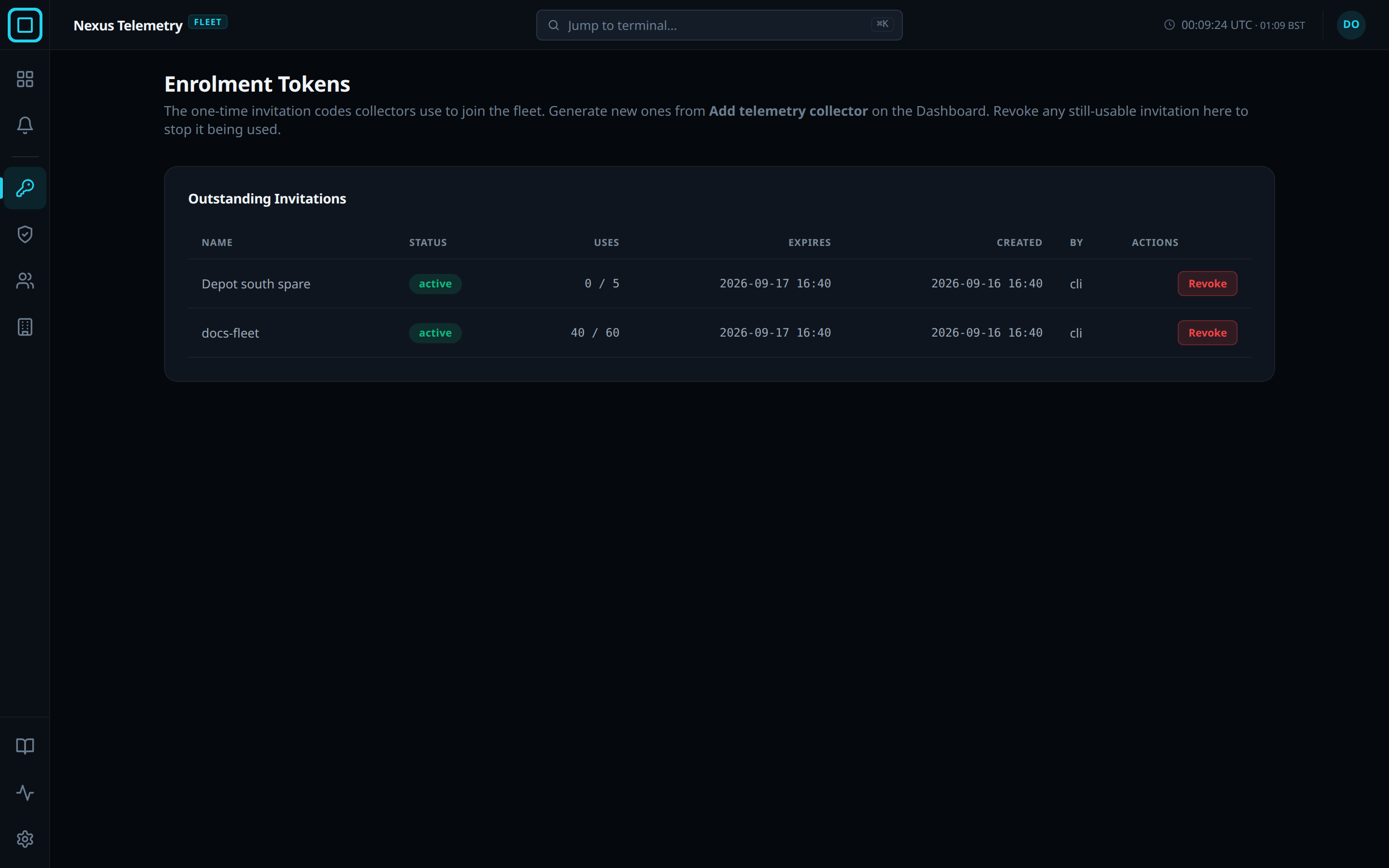 The Tokens page listing outstanding invitations